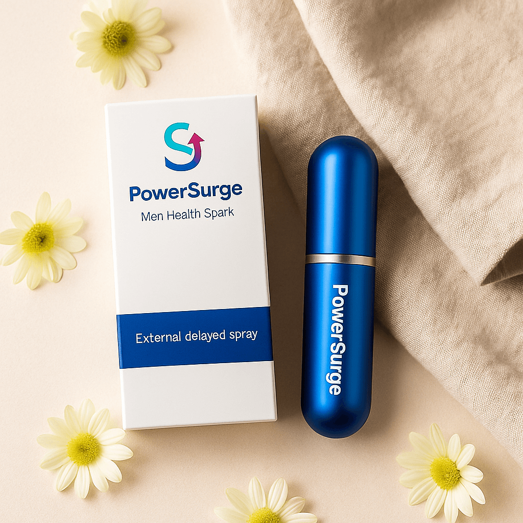 PowerSurge external delayed spray for men’s vitality, packaged with flowers, promoting energy and endurance.