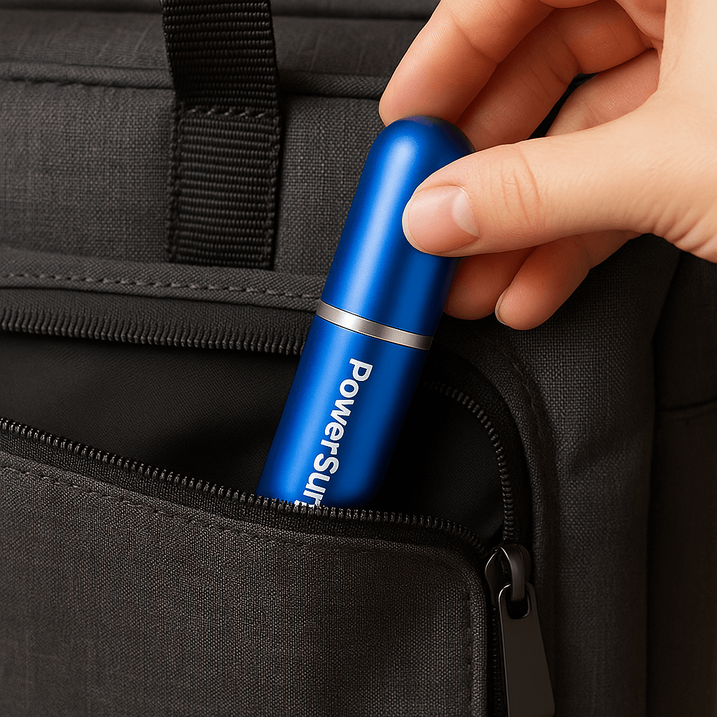 Hand placing a blue PowerSurge energy supplement tube into a black backpack pocket.