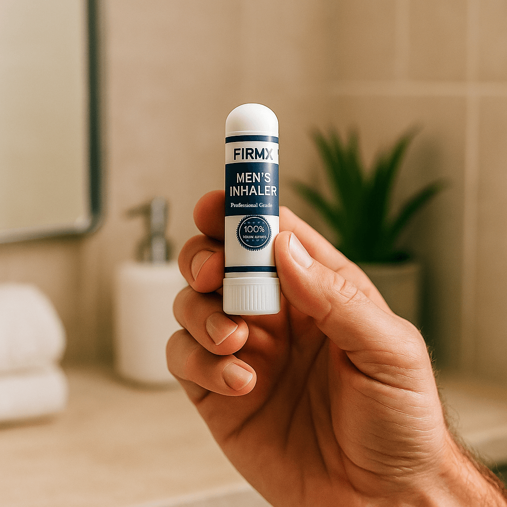 FirmX Men's Inhaler held in hand, promoting natural support for male performance in a modern bathroom setting.