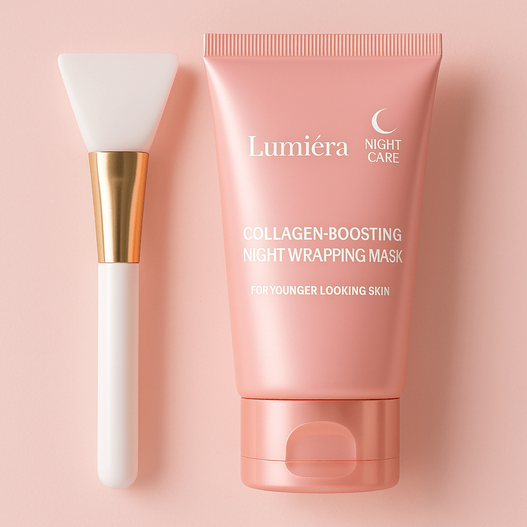 Lumiéra collagen-boosting night mask and silicone applicator brush for youthful and hydrated skin.