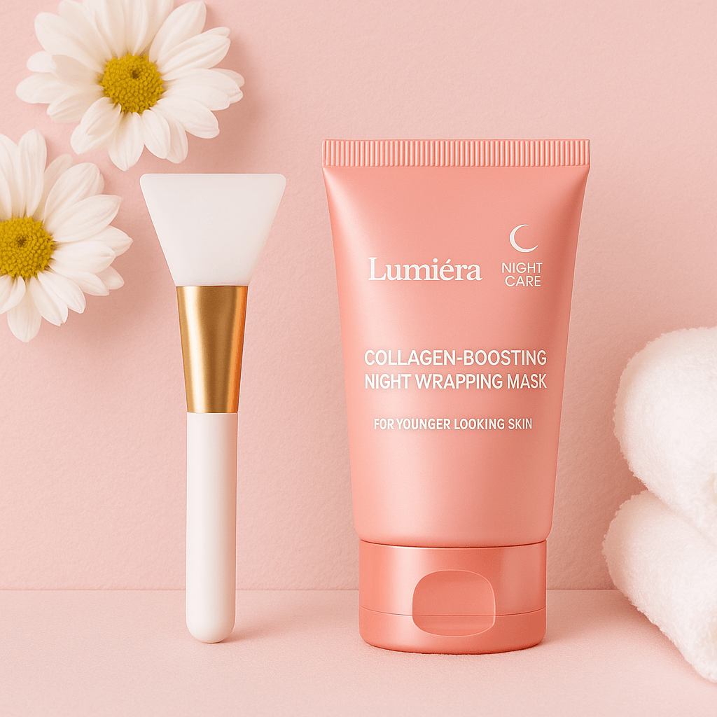 Lumiéra collagen-boosting night mask with silicone applicator brush against a pink backdrop, ideal for younger looking skin.