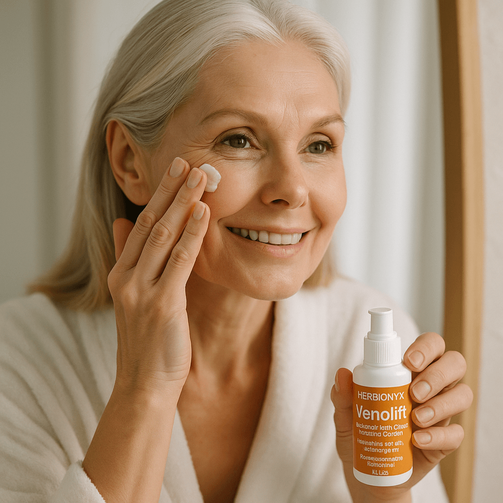 Woman applying HERBIONYX Venolift firming cream for radiant, youthful skin in a bright bathroom.
