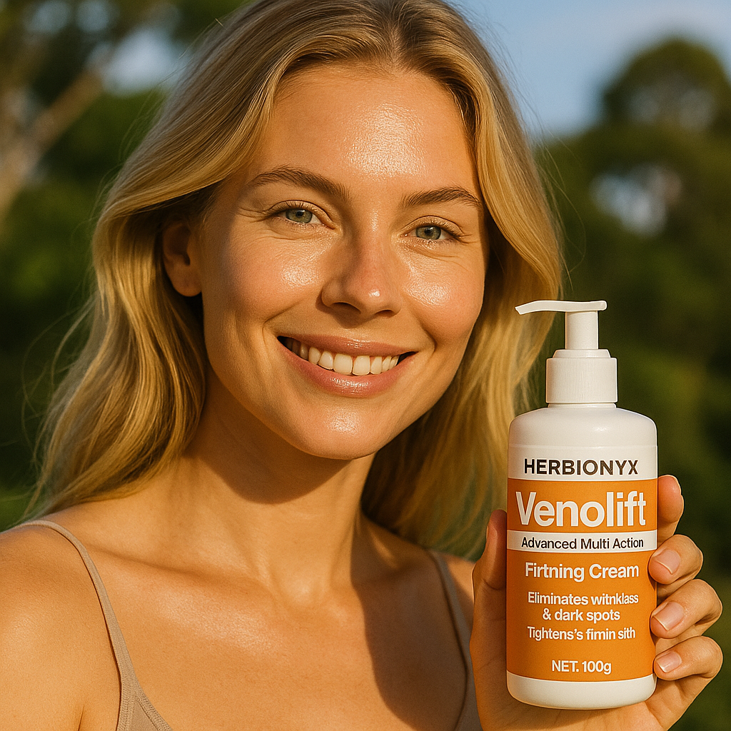 Woman holding HERBIONYX Venolift firming cream, promoting youthful skin and reducing wrinkles and dark spots.