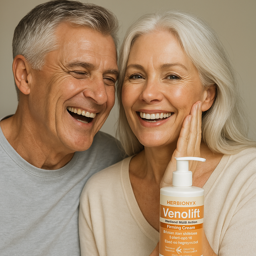 Happy older couple showcasing HERBIONYX Venolift anti-aging cream for youthful, radiant skin.