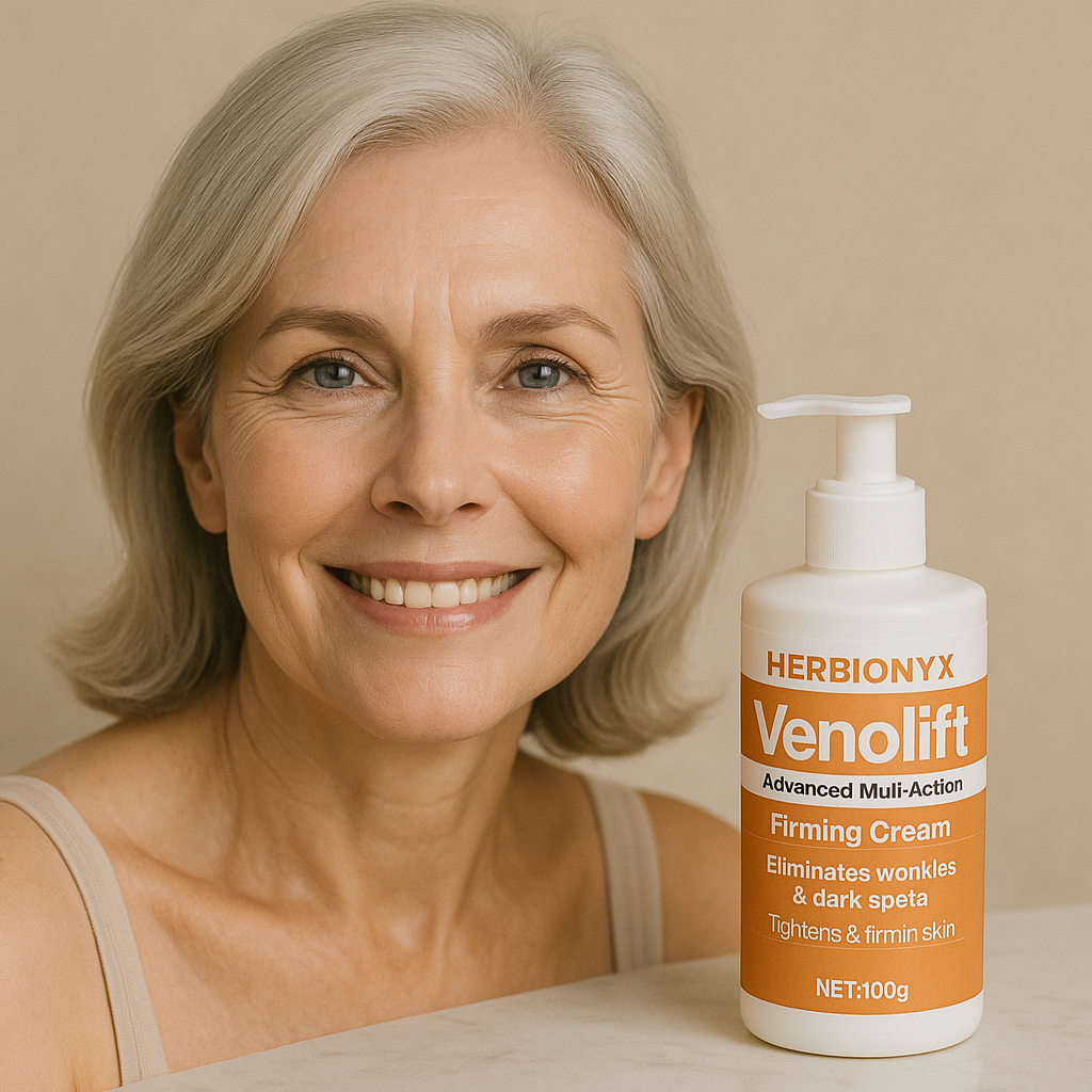 HERBIONYX Venolift firming cream for youthful skin with model, reduces wrinkles and dark spots, 100% natural ingredients.