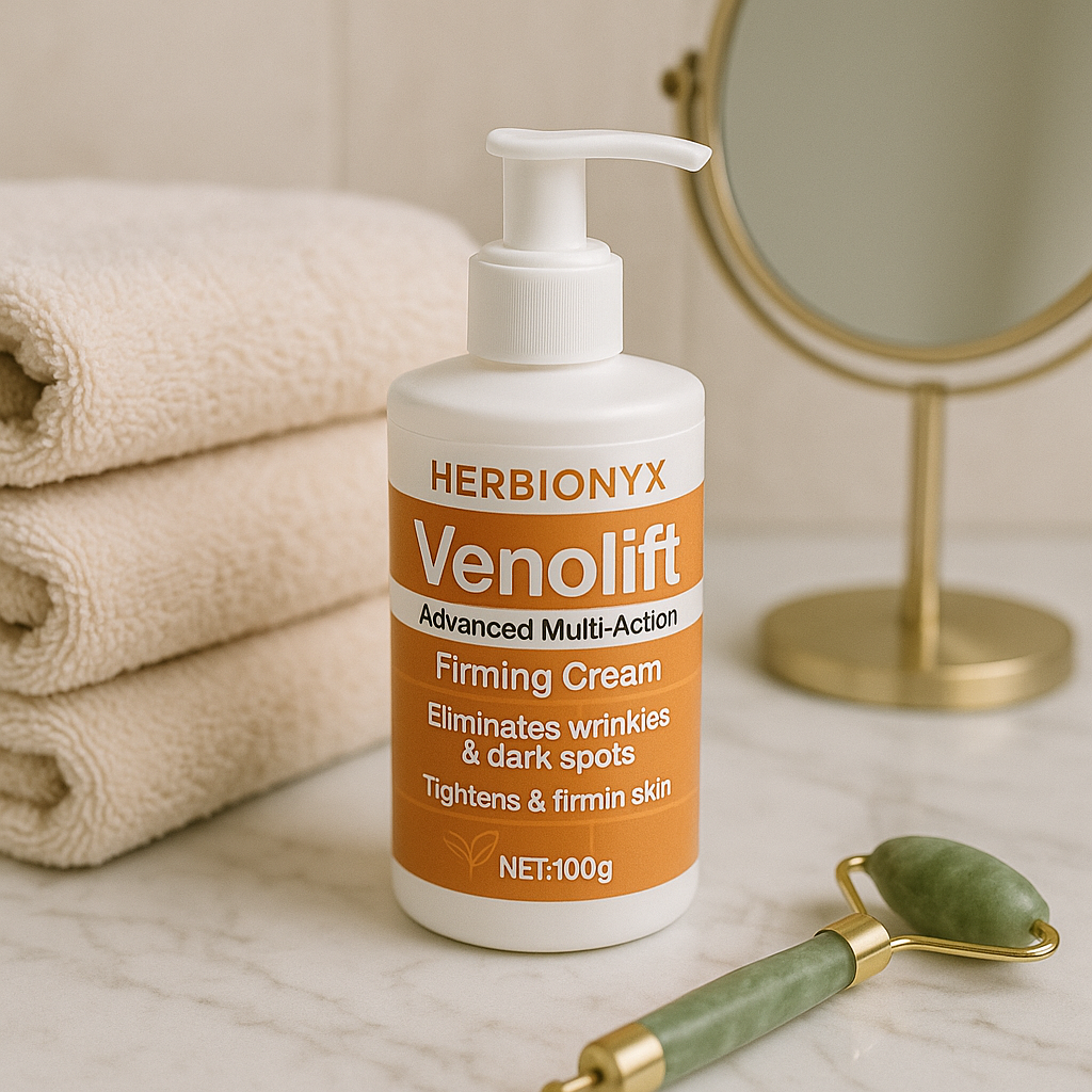 HERBIONYX Venolift firming cream bottle with towels and jade roller, reduces wrinkles & dark spots.