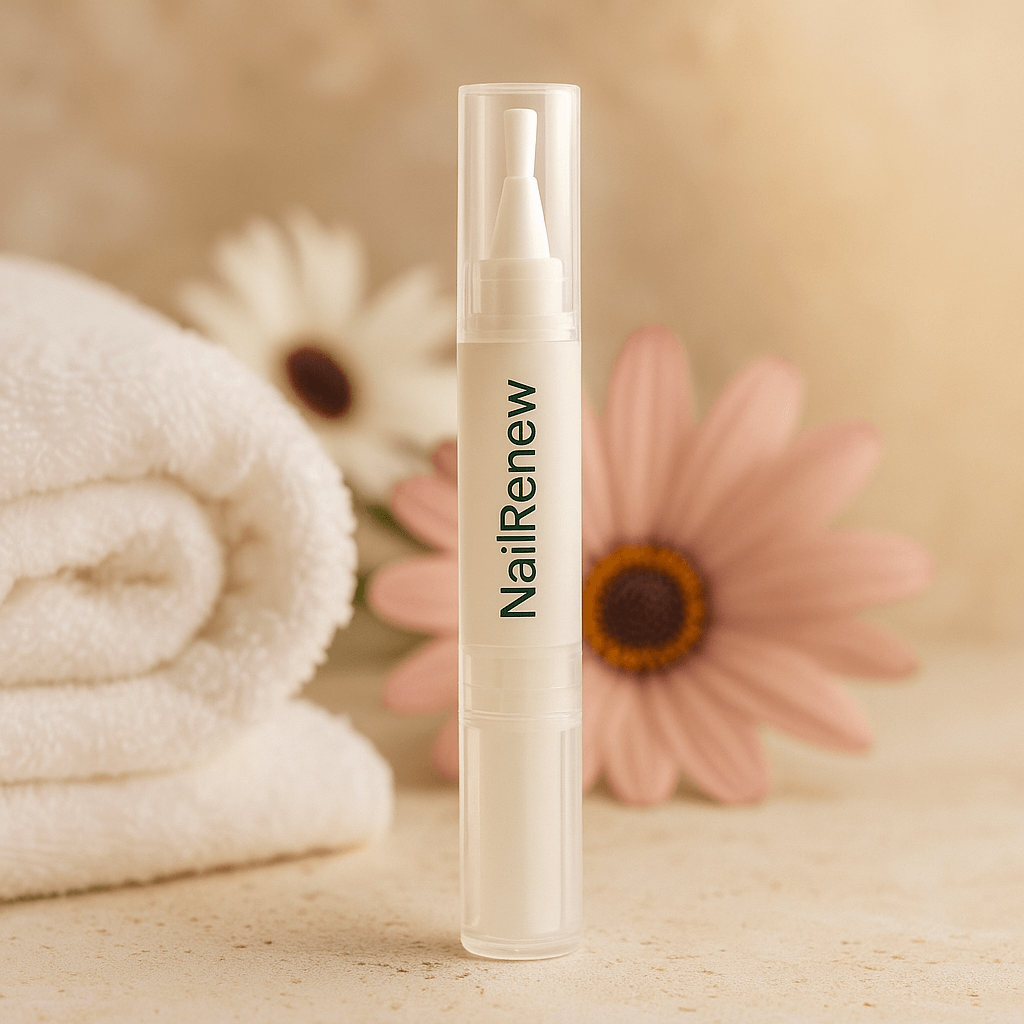 NailRenew precision applicator for fighting nail fungus with Tolnaftate, surrounded by soft towels and flowers.