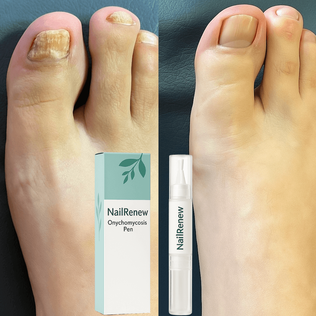 NailRenew antifungal treatment showcasing the product and before-and-after results on toenails affected by fungus.