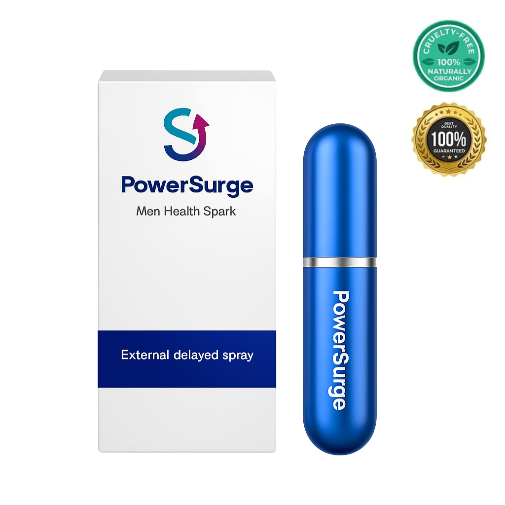 PowerSurge energy supplement for men in blue packaging, designed for vitality and sustained energy.