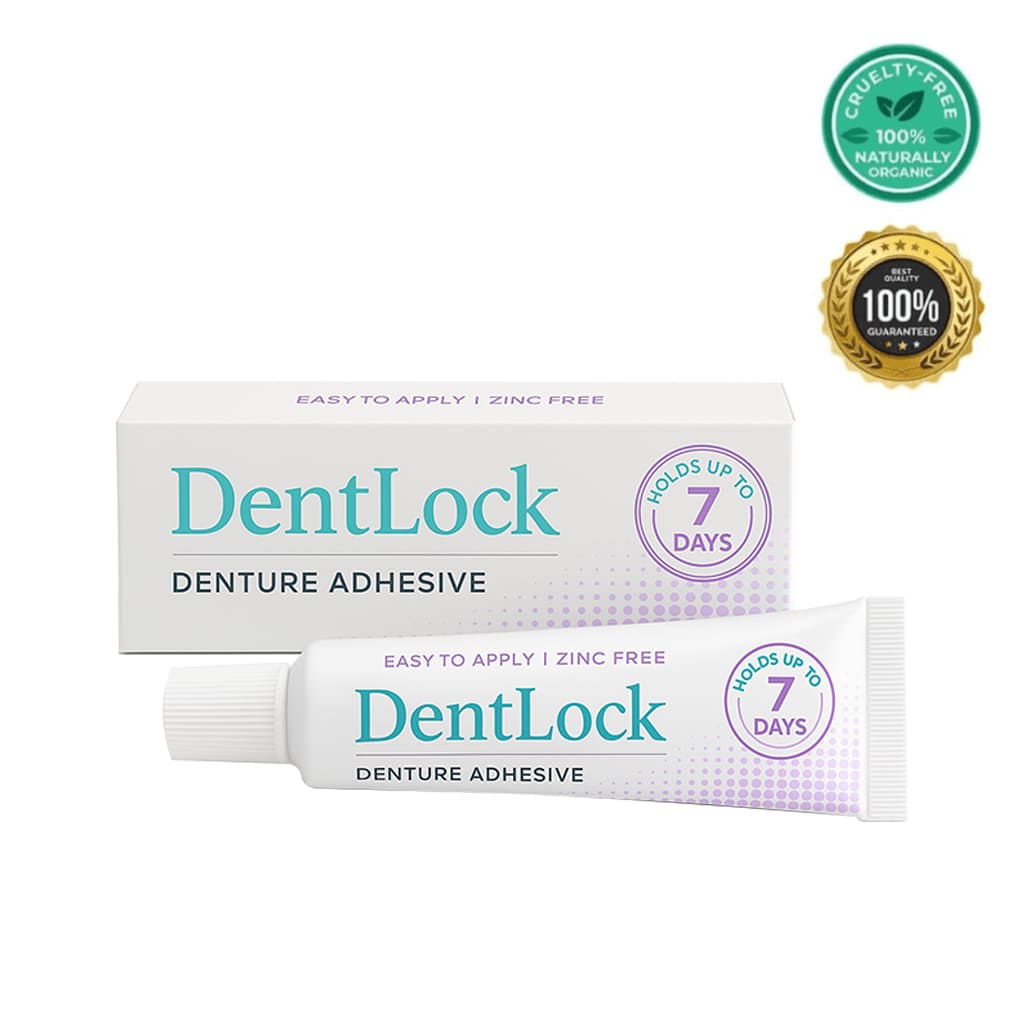 DentLock Denture Adhesive tube and box, offering reliable hold for up to 7 days, cruelty-free and zinc-free.