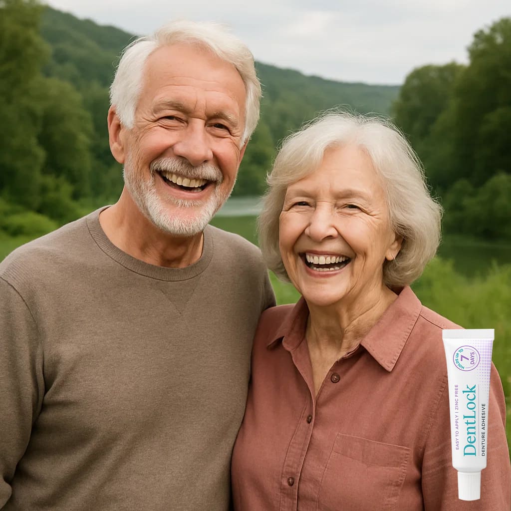 Happy elderly couple outdoors promoting DentLock Tooth Adhesive for secure dental support.