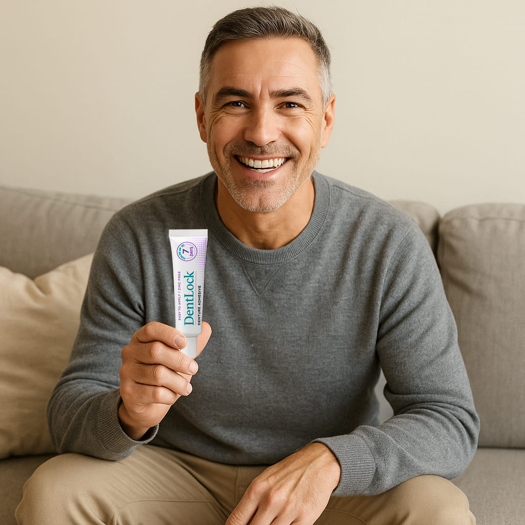 Man smiling and holding DentLock Tooth Adhesive tube, showcasing reliable dental support for a confident smile.