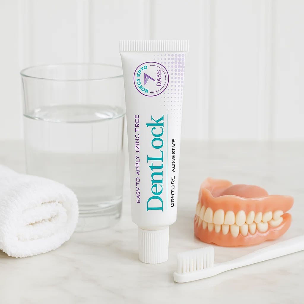 DentLock Tooth Adhesive tube beside water, denture, and toothbrush for secure dental support.
