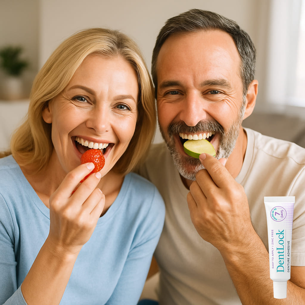 Happy couple enjoying snacks, showing confident smiles with DentLock Tooth Adhesive for all-day hold.