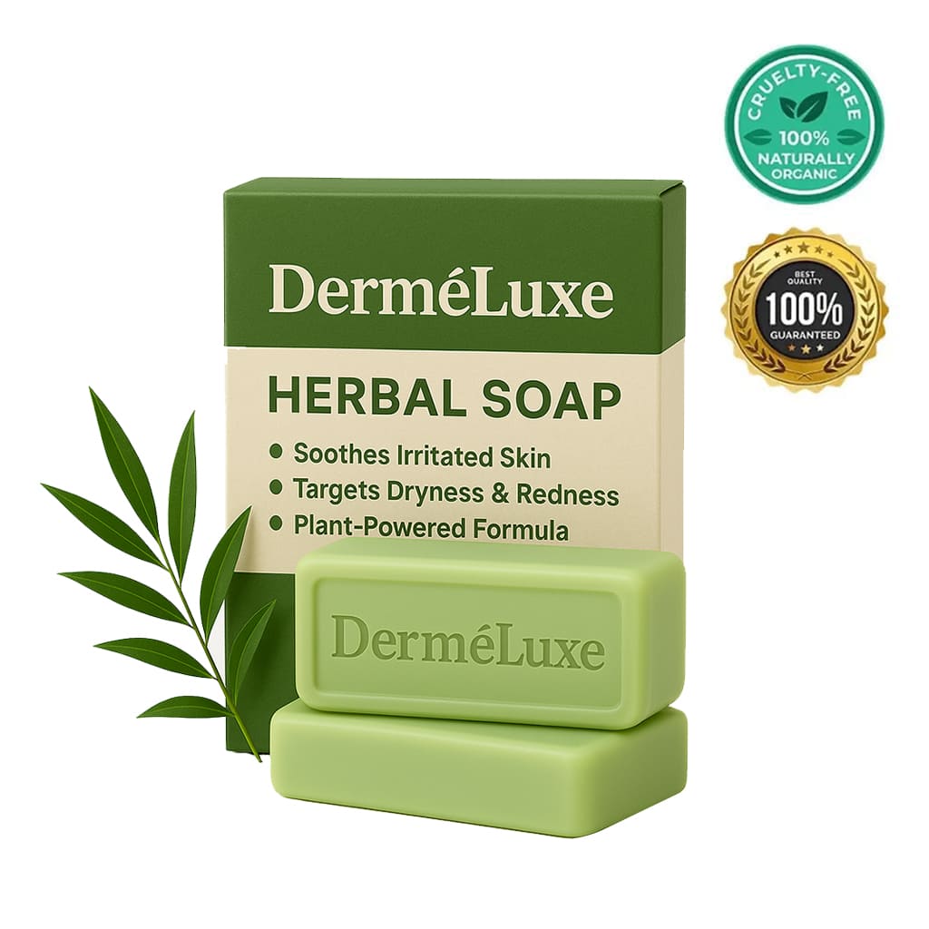 Herbionyx DerméLuxe herbal soap bar for soothing irritated skin, cruelty-free, plant-powered formula, targets dryness and redness.