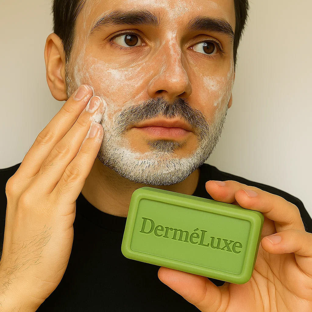Man using Herbionyx DerméLuxe botanical relief soap bar on his face for soothing skin.