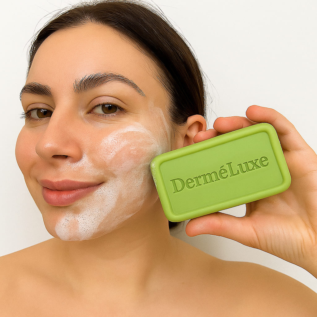 Woman holding DerméLuxe botanical soap bar while applying lather to her face for soothing, nourishing skin care.