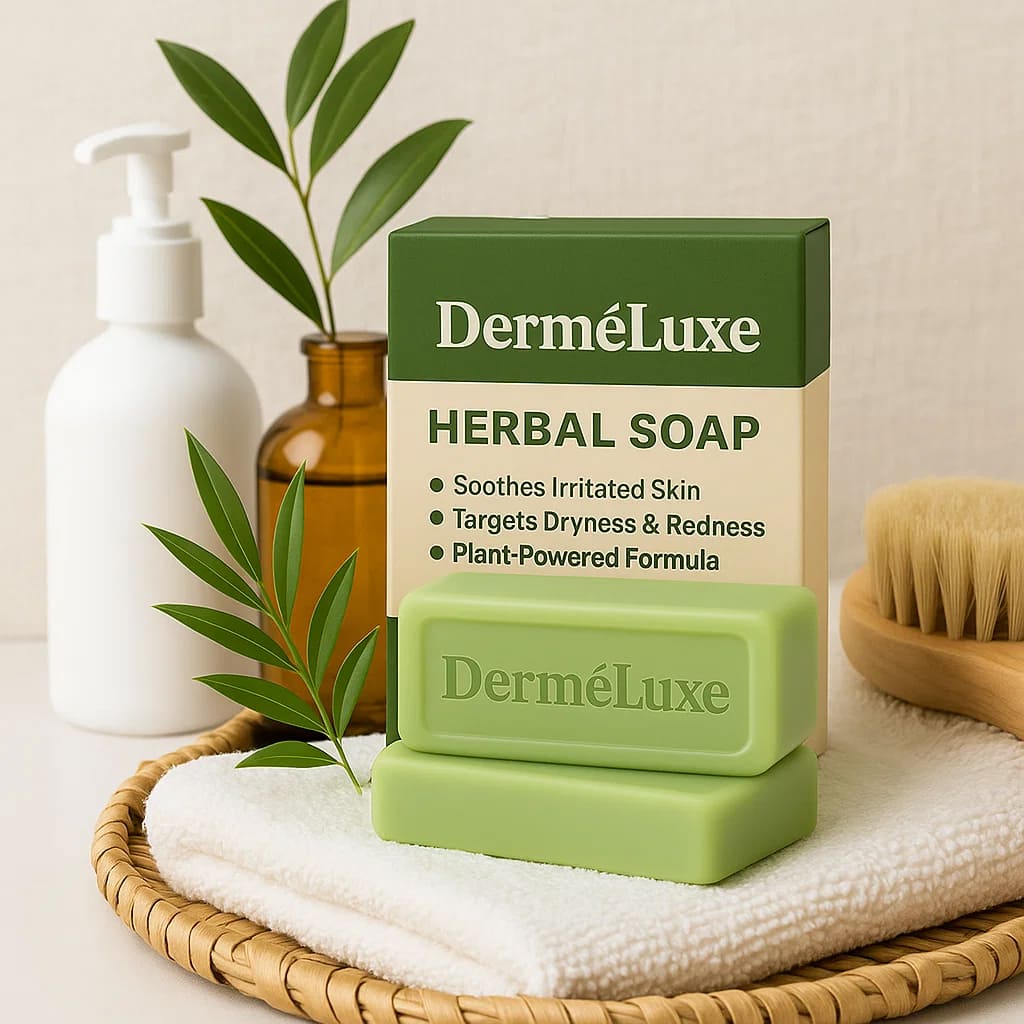Herbionyx DerméLuxe herbal soap bar for soothing irritated skin, featuring a plant-powered formula and herbal packaging.