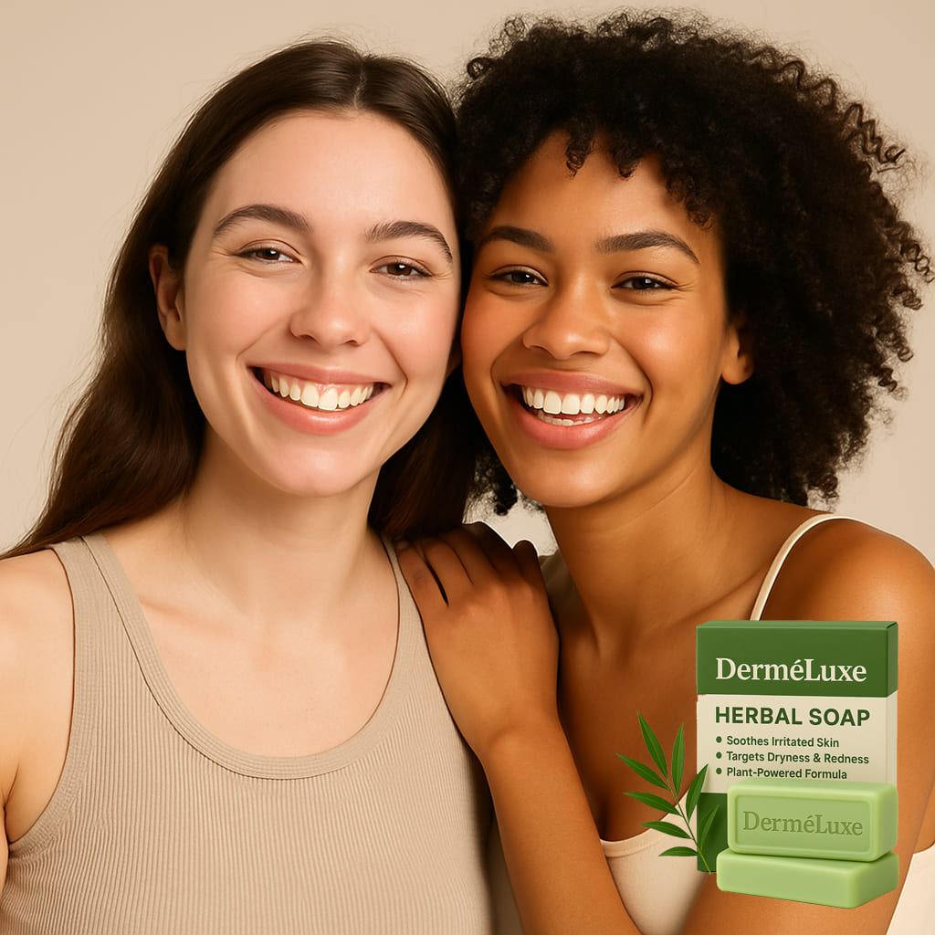 Two smiling women showcasing DerméLuxe Herbal Soap, a botanical solution for irritated skin.