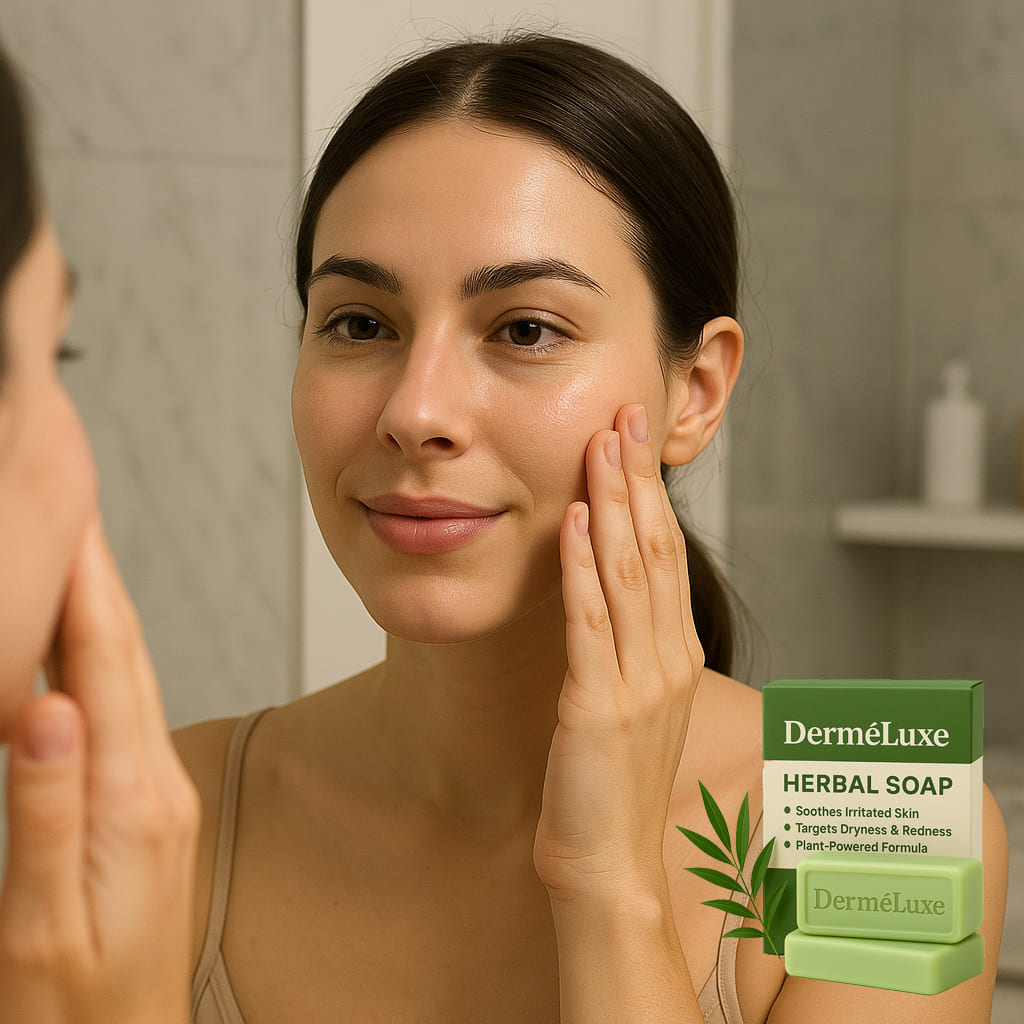 Woman applying Herbionyx DerméLuxe Herbal Soap on her face for soothing and nourishing her skin.