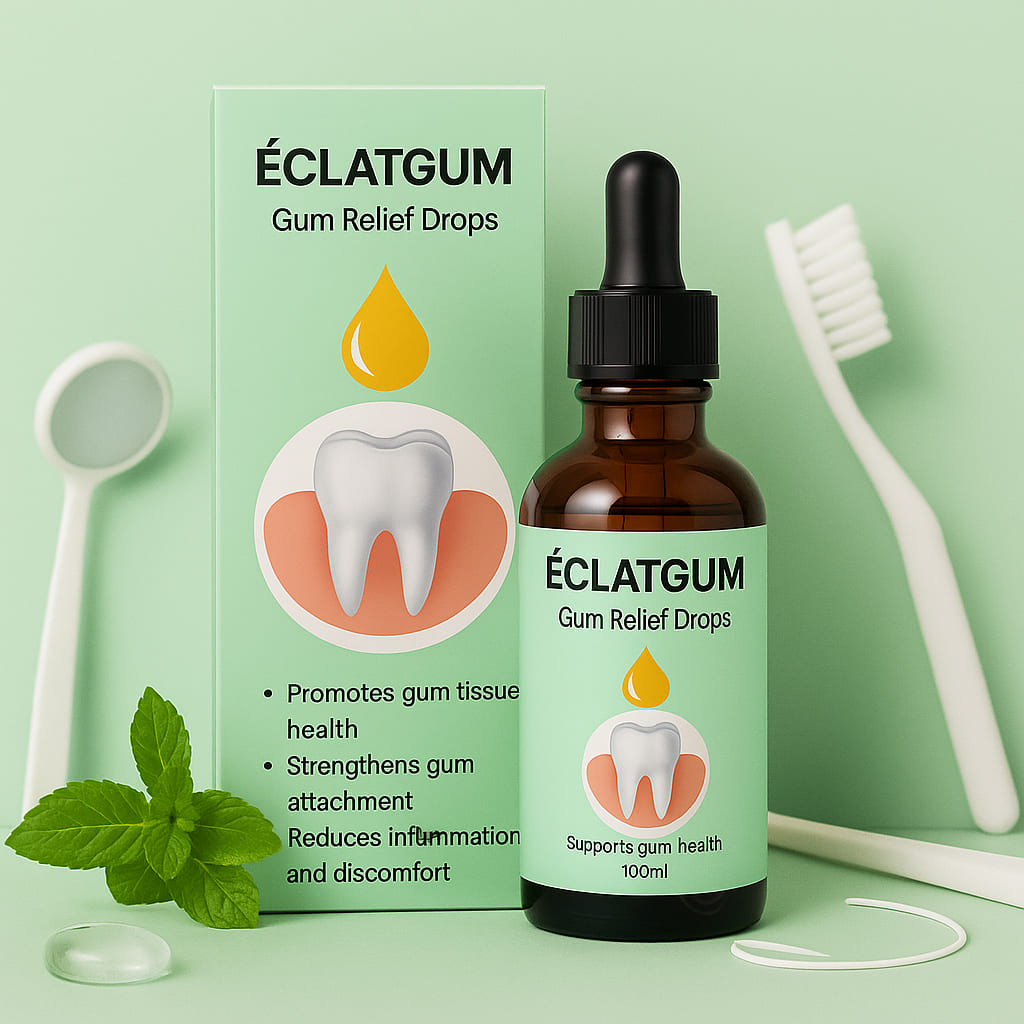 ÉclatGum gum relief drops in a bottle, promoting gum health and reducing inflammation, surrounded by dental hygiene items.
