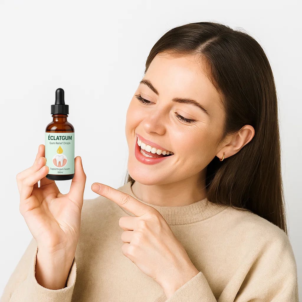 Woman holding ÉclatGum topical serum bottle for gum health and oral wellness.