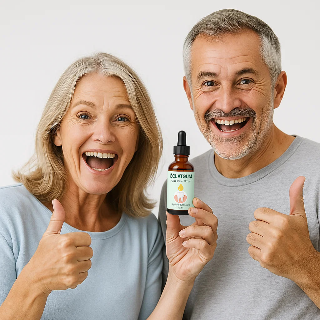 Happy older couple showcasing Herbionyx ÉclatGum topical serum for gum health with thumbs up.