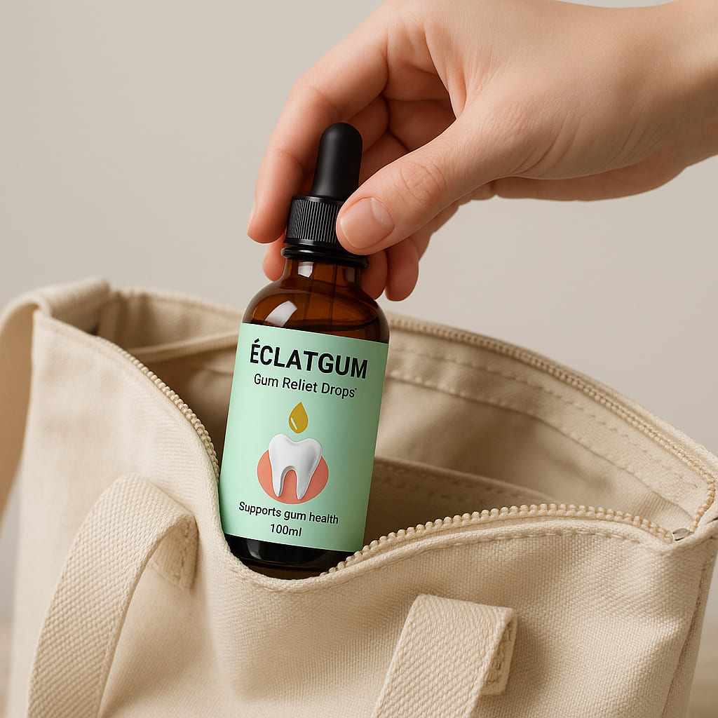 ÉclatGum gum relief drops held above a beige tote bag, promoting gum health and soothing oral discomfort.