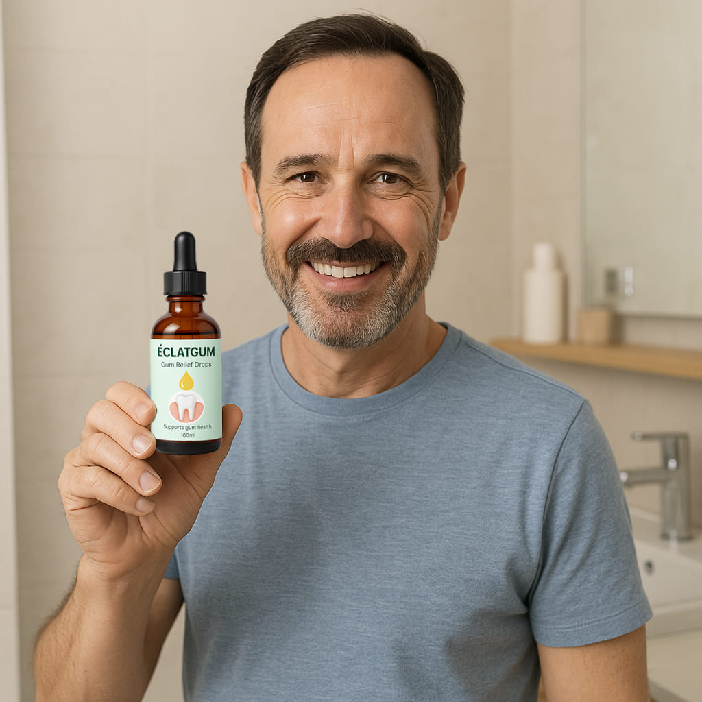 Man smiling and holding Herbionyx ÉclatGum serum for gum health in a bathroom setting.