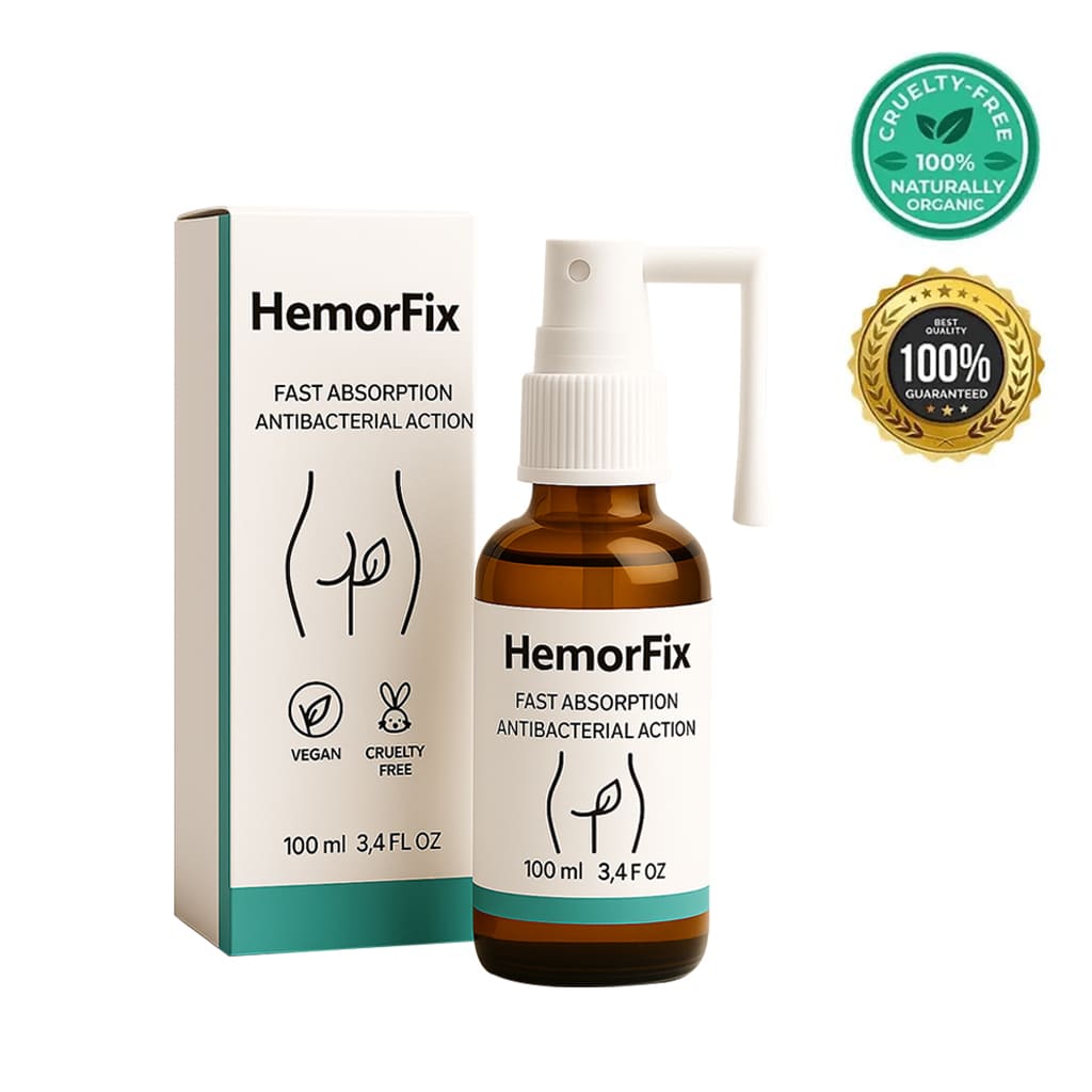 HemorFix hemorrhoid relief spray in a bottle with packaging, cruelty-free, vegan, and 100% organic.