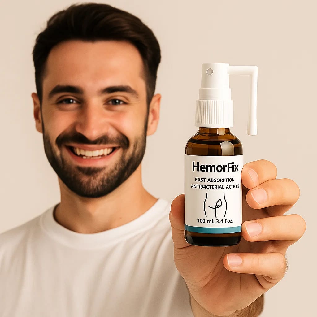 Smiling man holding HemorFix spray showcasing fast absorption and antibacterial action for hemorrhoid relief.