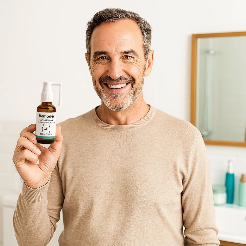 Happy man holding Herbionyx HemorFix spray for hemorrhoid relief in a bright bathroom.