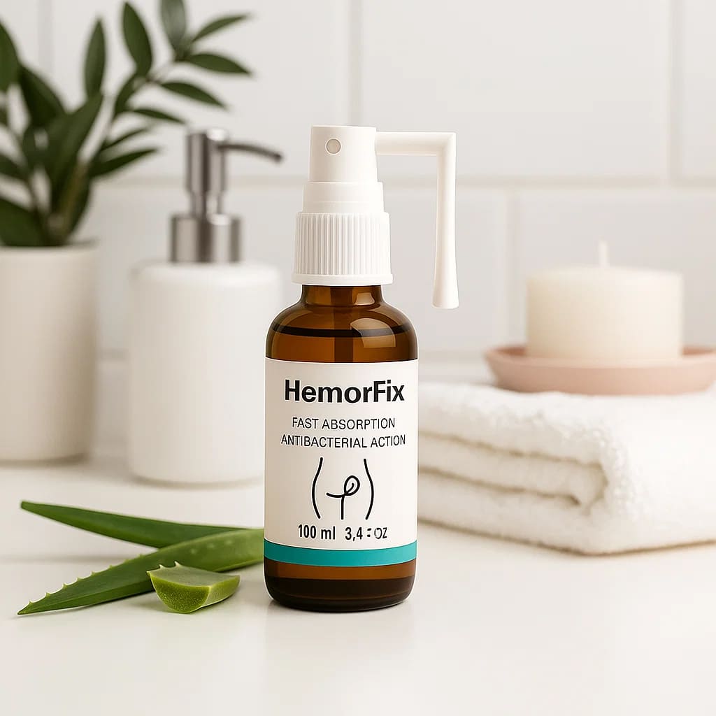 HemorFix spray bottle for hemorrhoid relief, featuring fast-absorbing formula and natural ingredients.