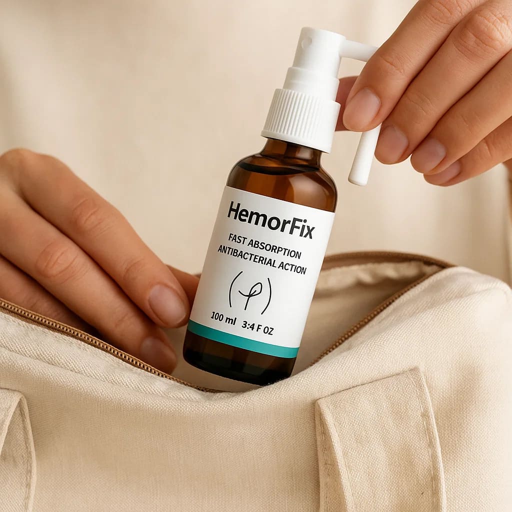 HemorFix spray bottle being placed into a bag, featuring its fast-absorbing formula for hemorrhoid relief.