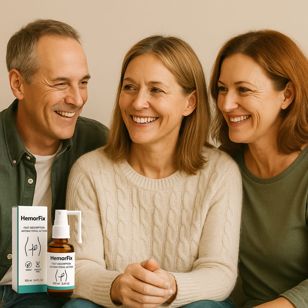 Happy individuals smiling together with Herbionyx HemorFix spray for hemorrhoid relief.