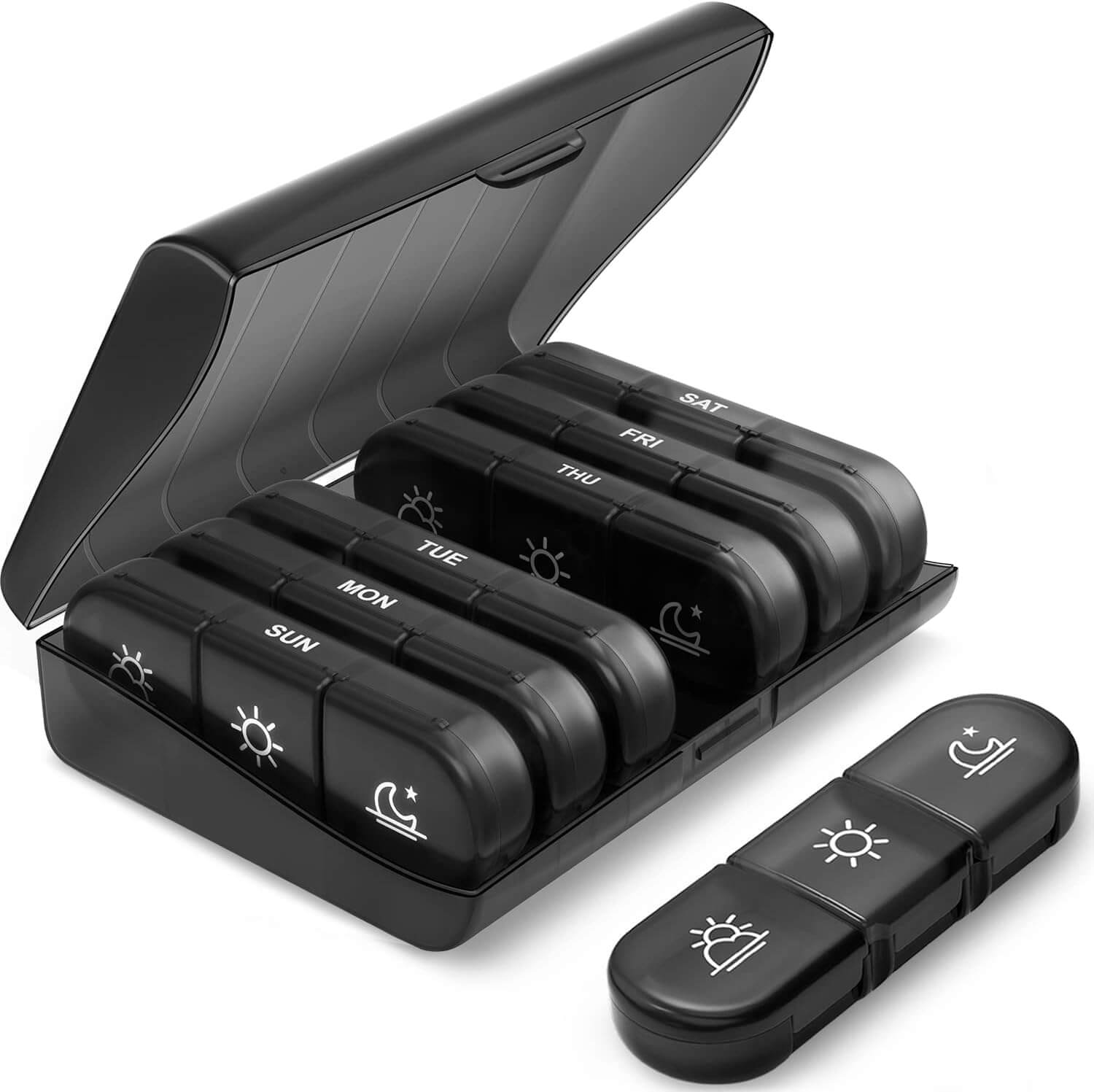 Herbionyx 7-Day Pill Organizer featuring individual compartments for daily supplements and medications, travel-friendly design.