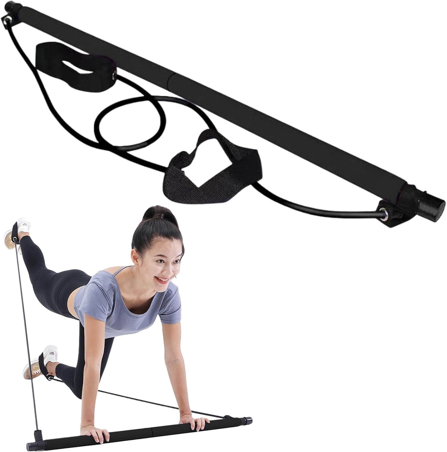 Herbionyx BodyAlign Pilates Bar Kit featuring a woman demonstrating a full-body workout with the portable bar and resistance bands.