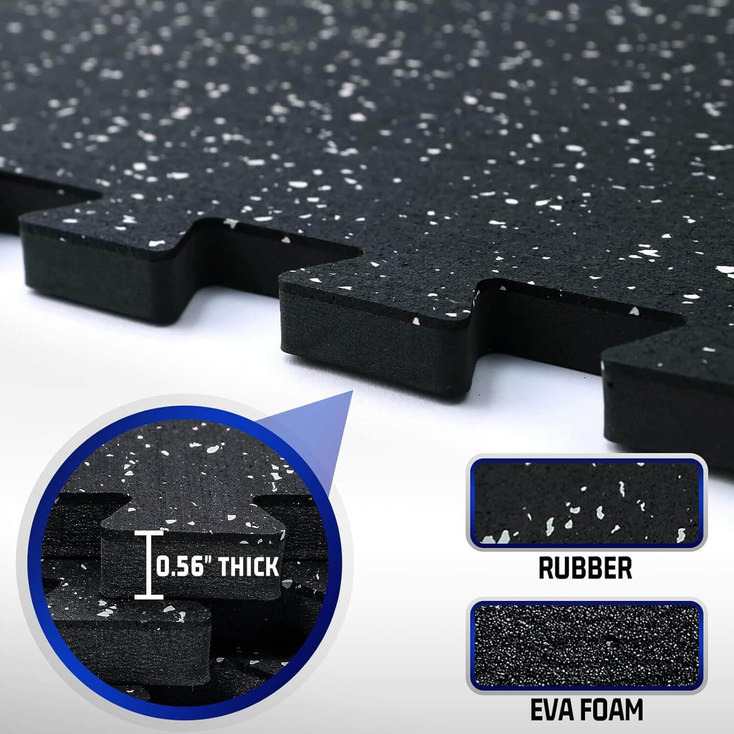 Close-up of Herbionyx FlexGuard Mats showcasing 0.56" thickness and rubber/EVA foam interlocking design.