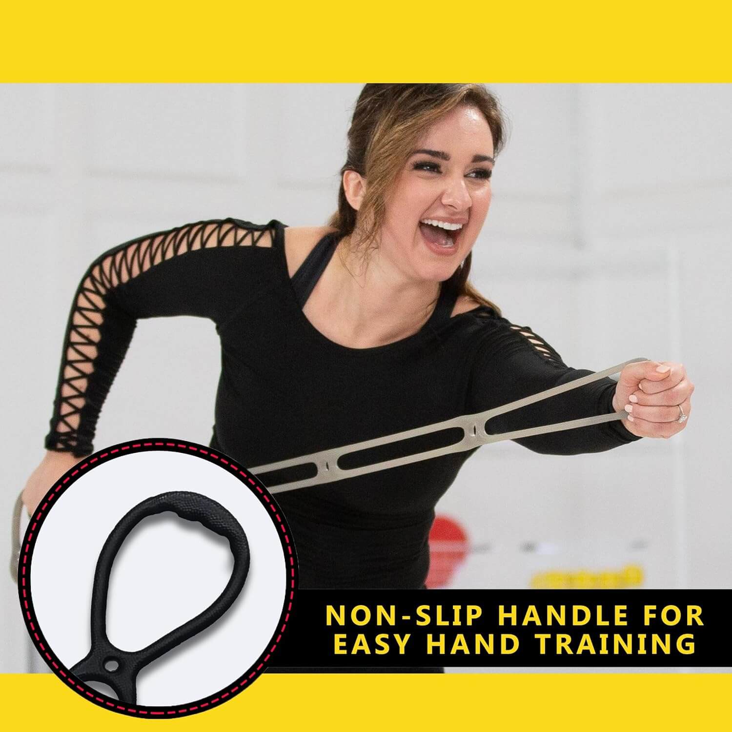 User demonstrating the Herbionyx FlowBands with a non-slip handle for easy hand training.