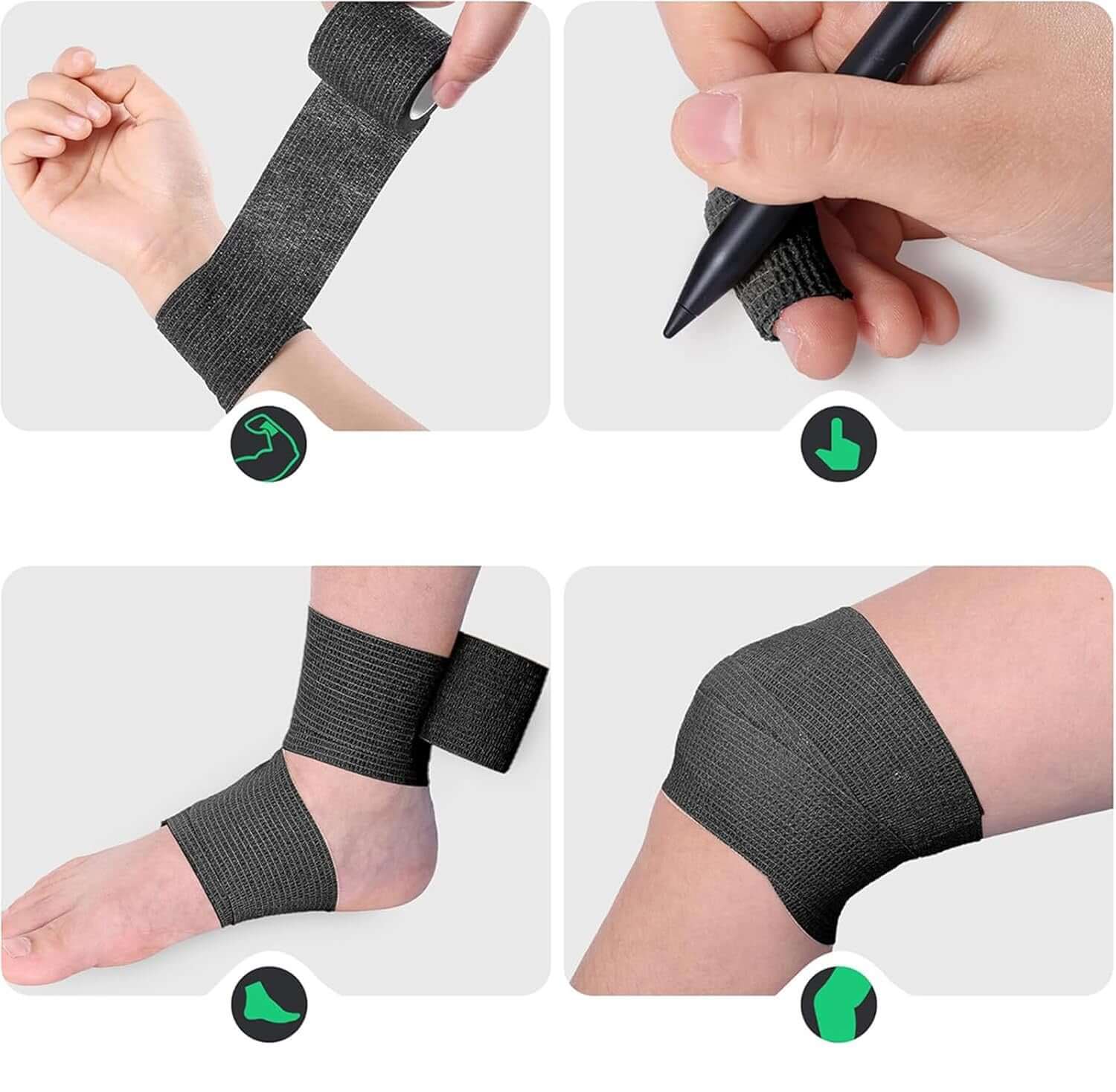 Herbionyx gentle adhesive strips shown in use on wrist and ankle for comfortable support and easy application.