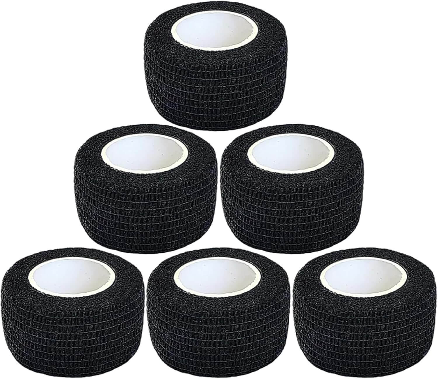 Six rolls of black adhesive bandage tape, perfect for secure wound dressing and support, lightweight and breathable material.