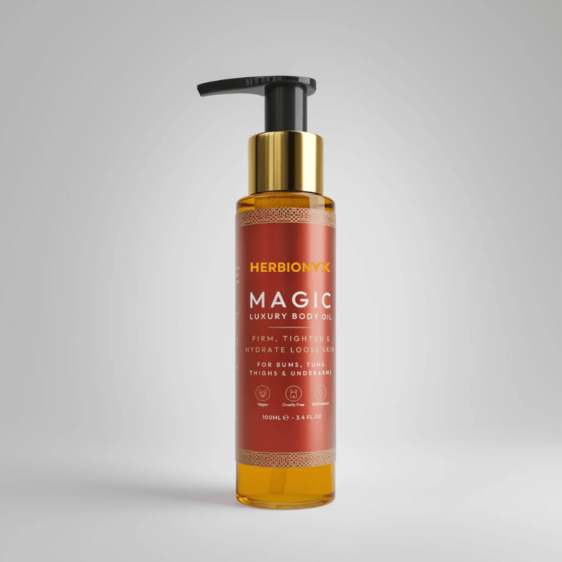 Herbionyx Magic Luxury Body Oil 100ml bottle with pump, designed to hydrate and firm skin for a radiant glow.