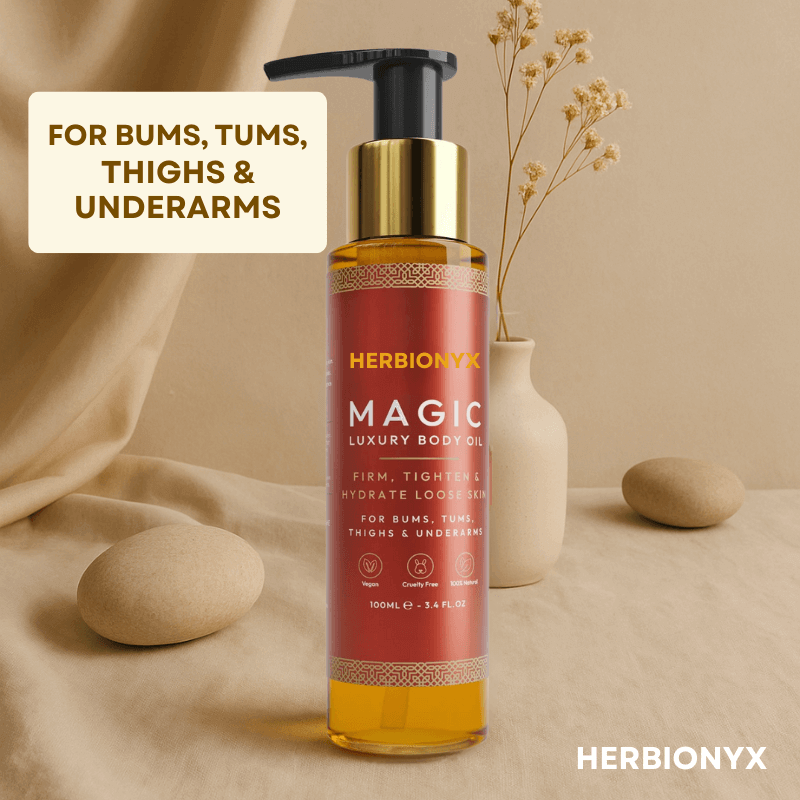 Herbionyx Magic Luxury Body Oil in a stylish bottle for bums, tums, thighs & underarms, promoting hydration and skin firming.