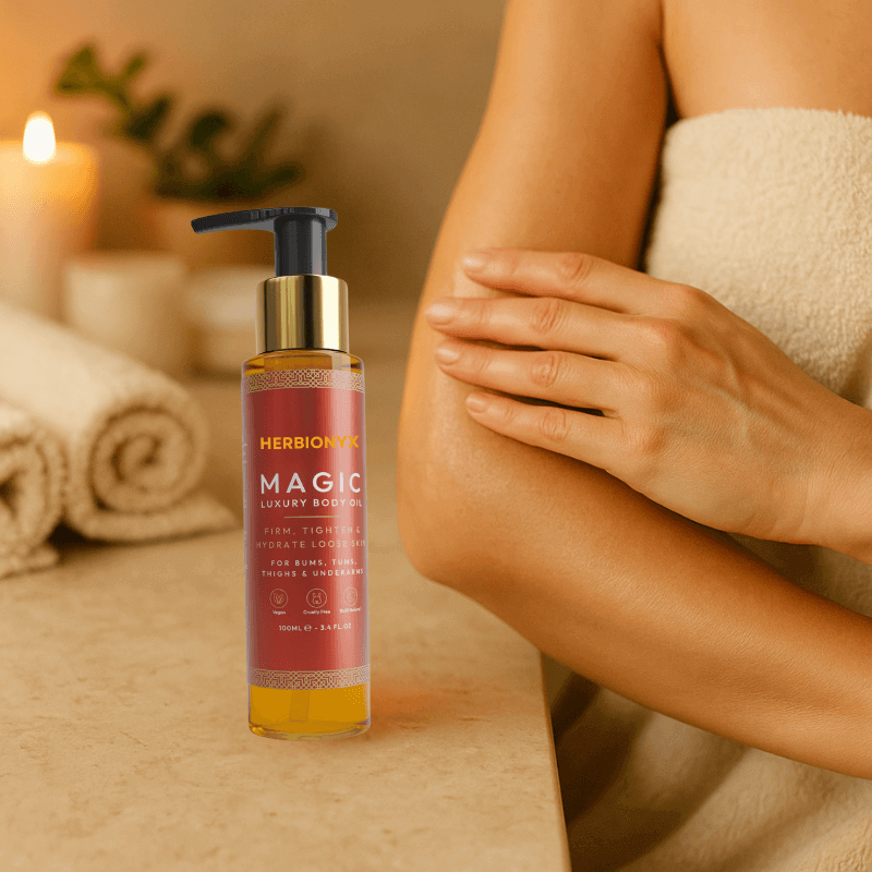 Herbionyx Magic Luxury Body Oil bottle with a person applying it on skin, surrounded by spa essentials.