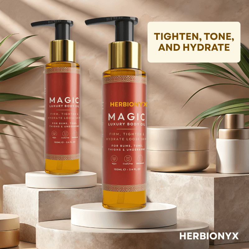 Herbionyx Magic Luxury Body Oil bottles on a stylish countertop, emphasizing hydration and skin firming.