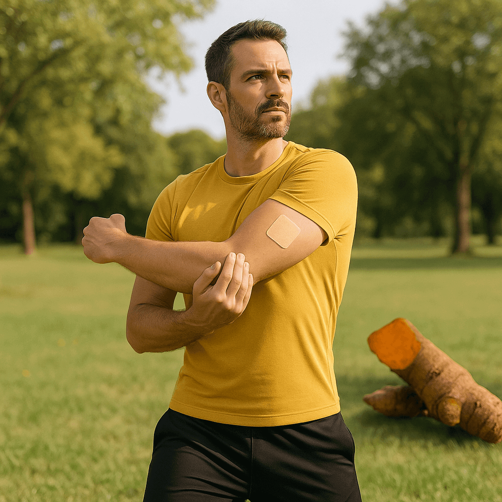 Man wearing a Herbionyx Nano Microneedle Patch on his arm in a park setting, promoting natural wellness.