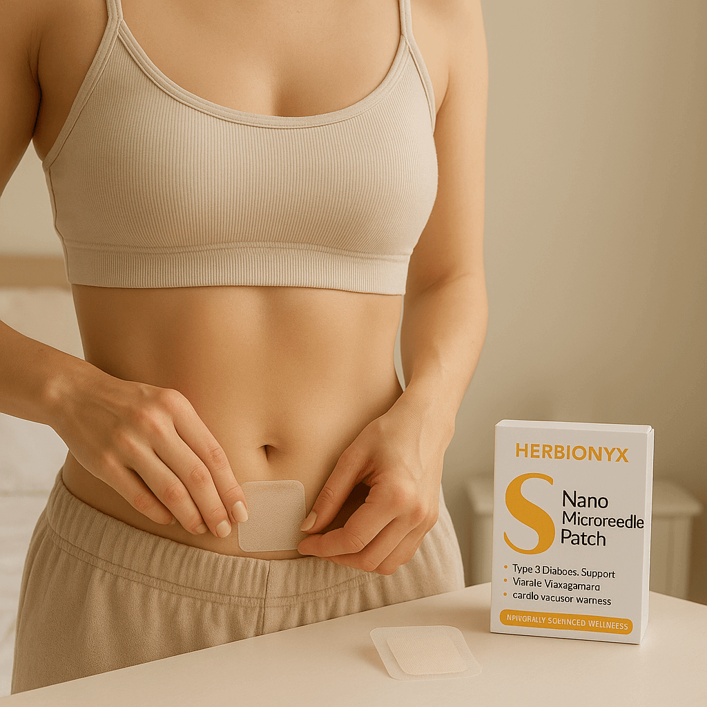 Model applying Herbionyx Nano Microneedle Patch for metabolic health and wellness support.