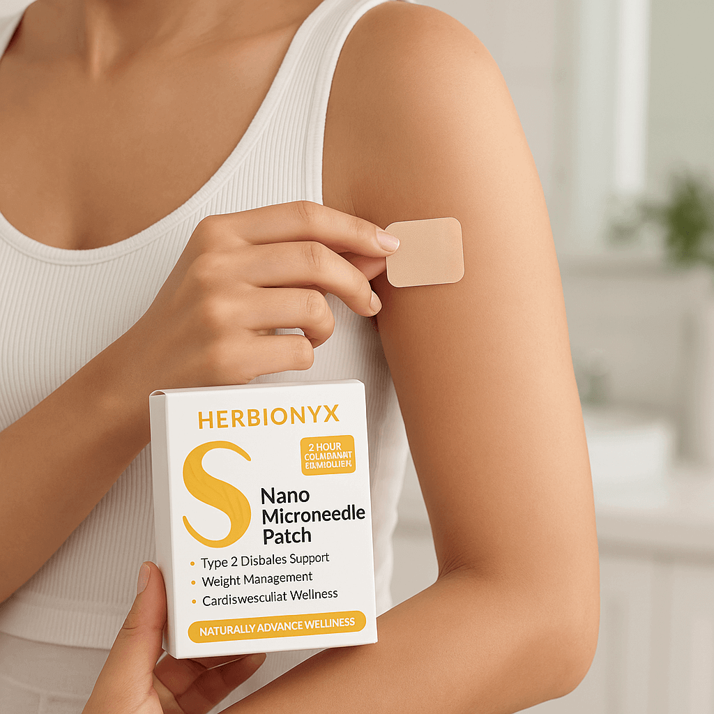 Herbionyx Nano Microneedle Patch applied to arm promoting weight management and cardiovascular wellness.