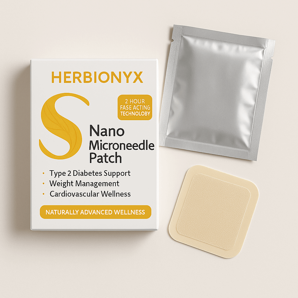 Herbionyx Nano Microneedle Patch packaging with fast-acting technology for weight management and cardiovascular wellness.
