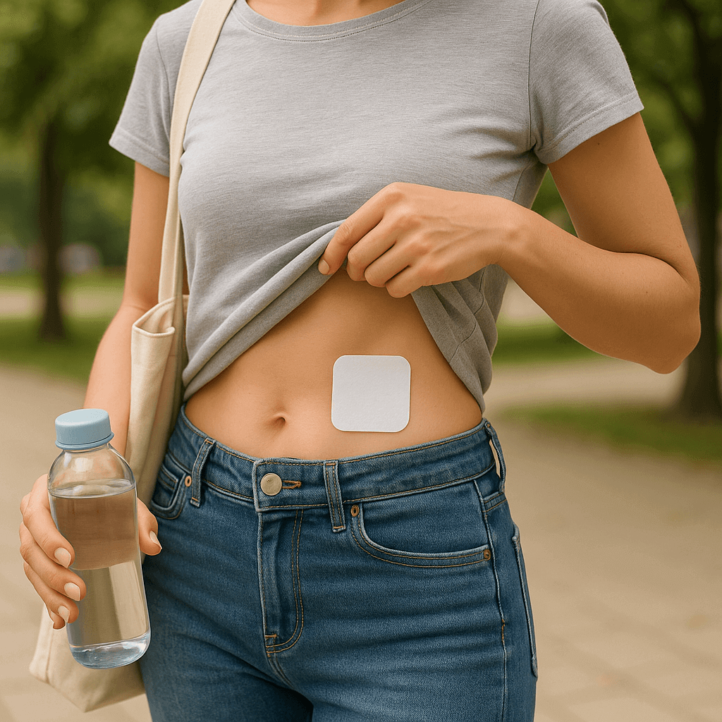 Woman applying Herbionyx Slim Patch on abdomen, promoting natural weight management and effortless body care.